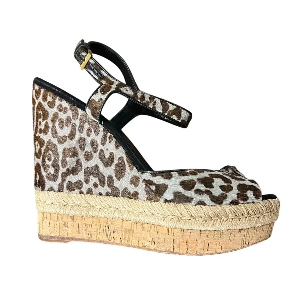 GUCCI Grey Taupe Calf Hair Leopard Cork Platform Wedge Sandals Size 38 8
